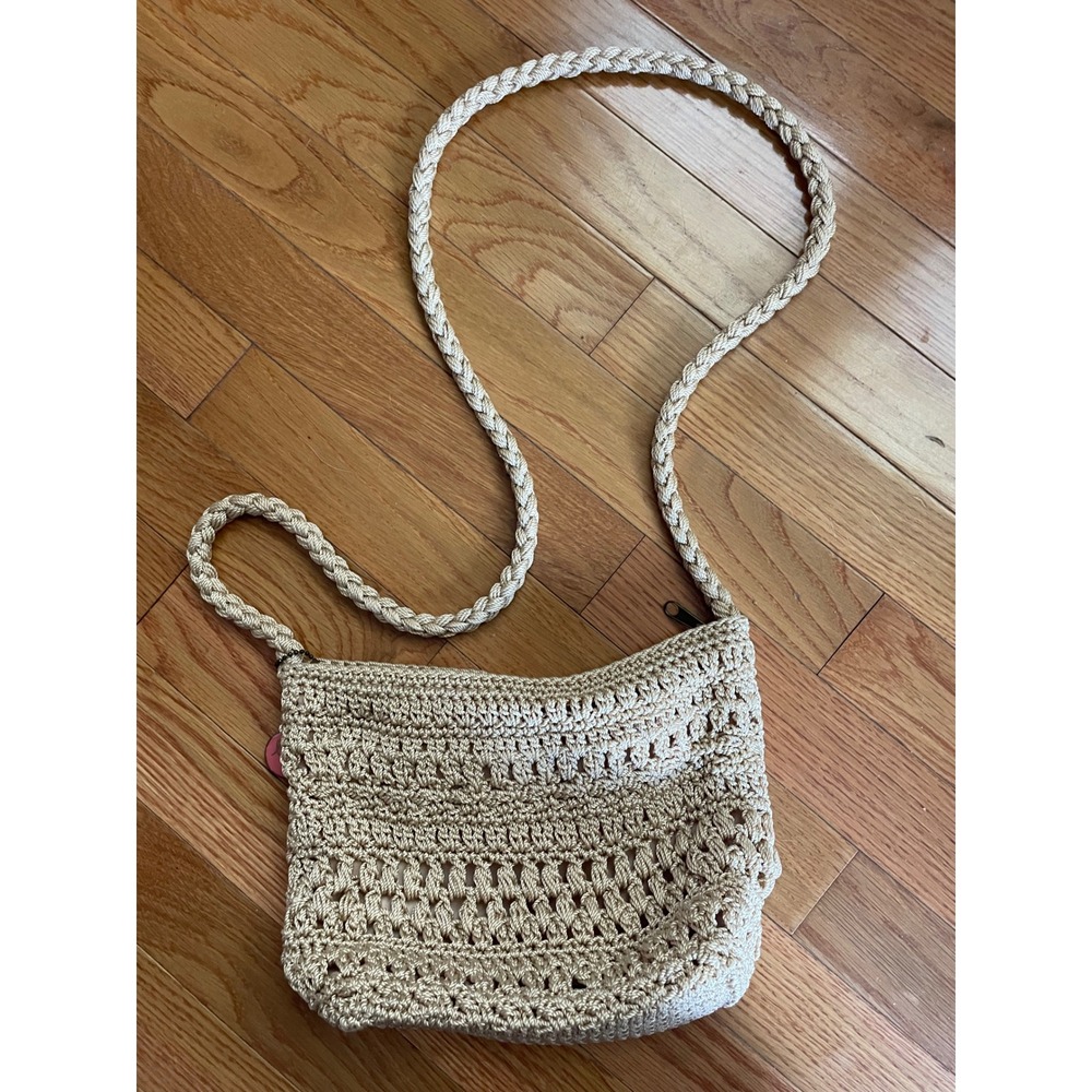 Lina Beige Crochet Crossbody Bag Braided Strap Zip Top Small Tan Purse